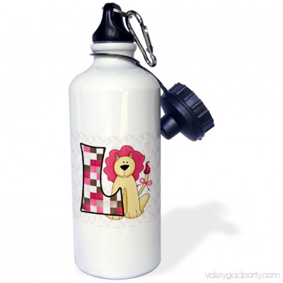 3dRose L is for Lion in Pink for Girls Baby and Kids Monogram L in Patchwork Prints, Sports Water Bottle, 21oz 550534394